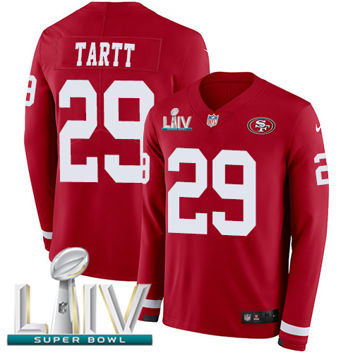 San Francisco 49ers #29 Jaquiski Tartt Red Super Bowl LIV 2020 Team Color Youth Stitched Limited Therma Long Sleeve Jersey Youth