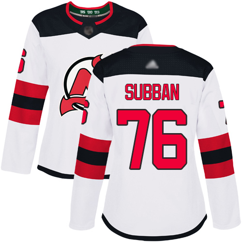 Adidas New Jersey Devils #76 P.K. Subban White Road Authentic Women's Stitched Jersey Womens
