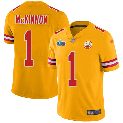 Chiefs #1 Jerick McKinnon Gold Super Bowl LVII Patch Men's Stitched Limited Inverted Legend Jersey