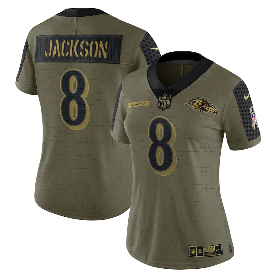 Baltimore Ravens #8 Lamar Jackson Olive Women's 2021 Salute To Service Limited Player Jersey