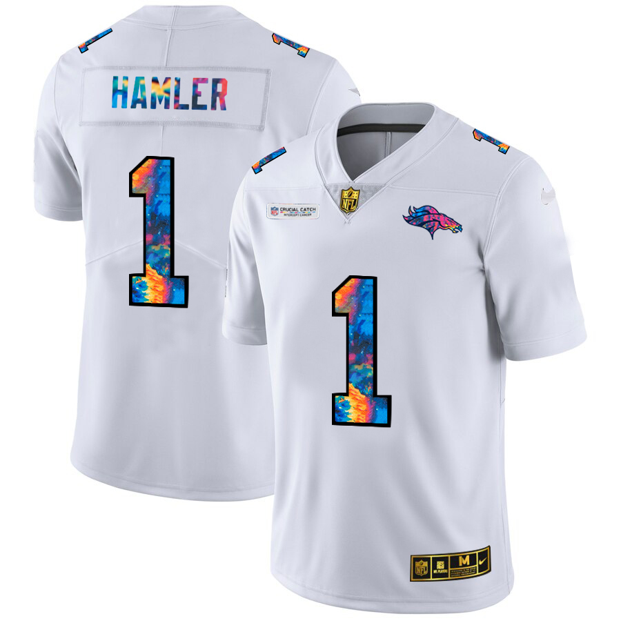 Denver Broncos #1 KJ Hamler Men's White Multi-Color 2020 Crucial Catch Limited Jersey