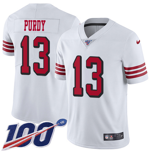 49ers #13 Brock Purdy White Rush Youth Stitched Limited 100th Season Jersey