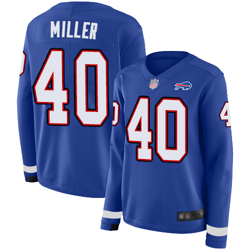 Bills #40 Von Miller Royal Blue Team Color Women's Stitched Limited Therma Long Sleeve Jersey
