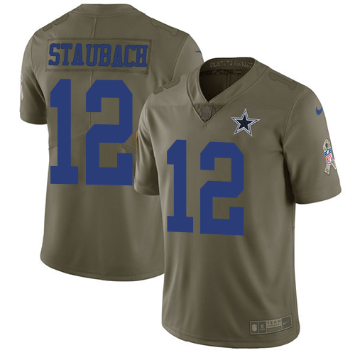Cowboys #12 Roger Staubach Olive Youth Stitched Limited 2017 Salute To Service Jersey