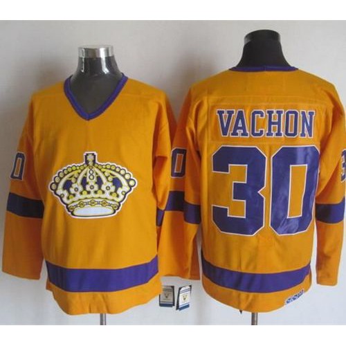 Los Angeles Kings #30 Rogie Vachon Yellow/Purple CCM Throwback Stitched Jersey Men's