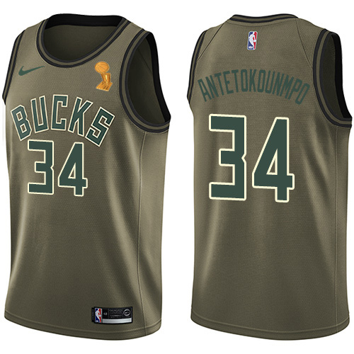 Milwaukee Bucks #34 Giannis Antetokounmpo 2021 Finals Champions Swingman Salute to Service Jersey Green Mens