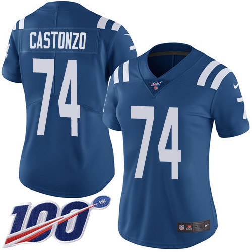 Indianapolis Colts #74 Anthony Castonzo Royal Blue Team Color Women's Stitched 100th Season Vapor Untouchable Limited Jersey Womens