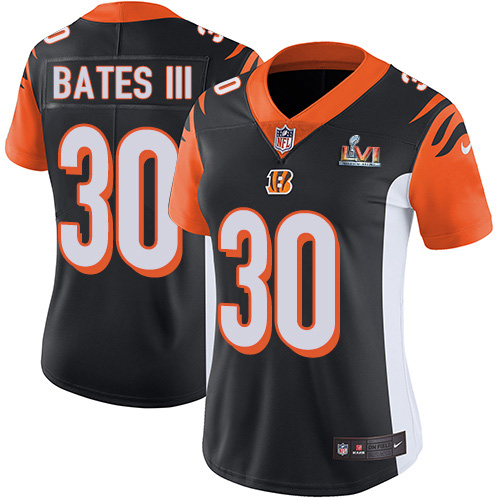Bengals #30 Jessie Bates III Black Team Color Super Bowl LVI Patch Women's Stitched Vapor Untouchable Limited Jersey