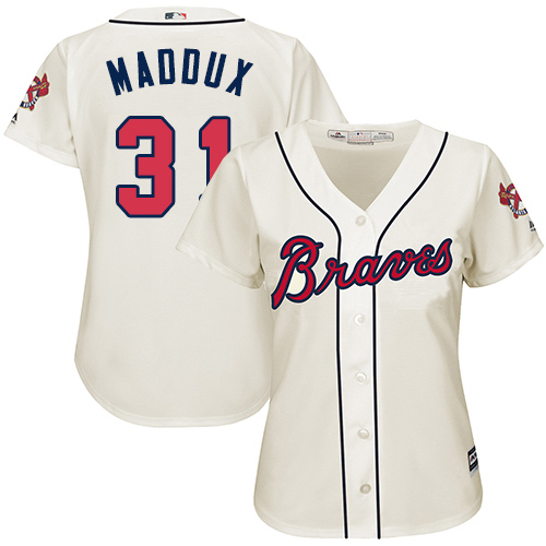 Atlanta Braves #31 Greg Maddux Cream Alternate Women's Stitched Jersey Womens