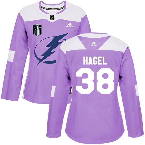 Adidas Tampa Bay Lightning #38 Brandon Hagel Purple Women's Authentic 2022 Stanley Cup Final Patch Fights Cancer Stitched Jersey Womens
