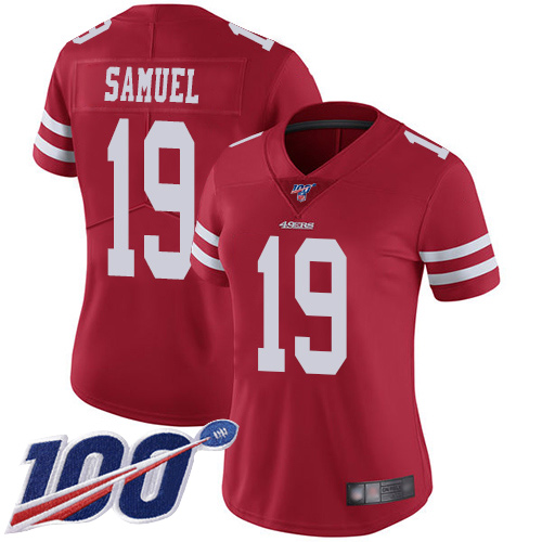 49ers #19 Deebo Samuel Red Team Color Women's Stitched 100th Season Vapor Limited Jersey
