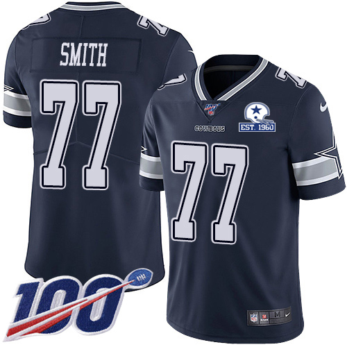 Dallas Cowboys #77 Tyron Smith Navy Blue Team Color Men's Stitched With Established In 1960 Patch 100th Season Vapor Untouchable Limited Jersey Me