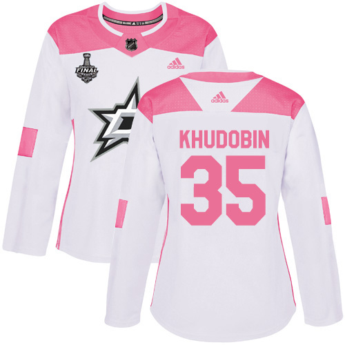Adidas Dallas Stars #35 Anton Khudobin White/Pink Authentic Fashion Women's 2020 Stanley Cup Final Stitched Jersey Womens