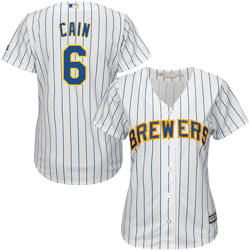 Milwaukee Brewers #6 Lorenzo Cain White Strip Home Women's Stitched Jersey Womens