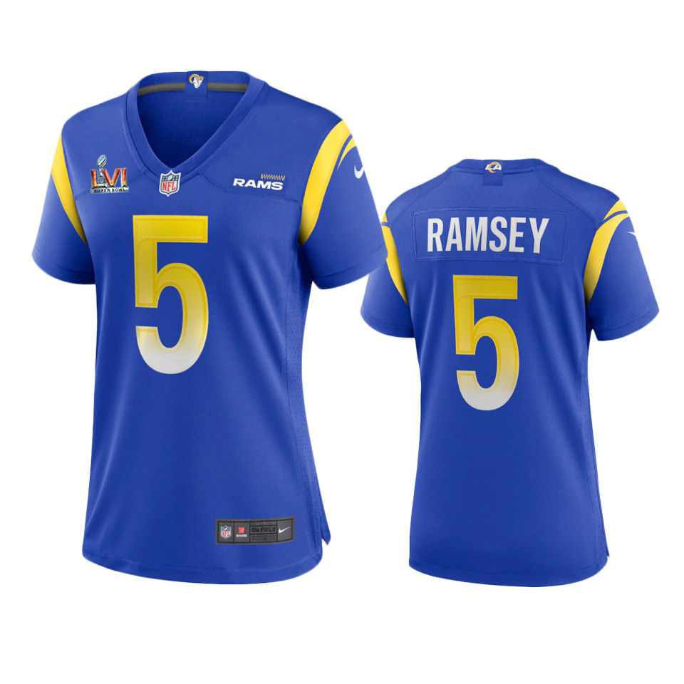 Los Angeles Rams #5 Jalen Ramsey Women's Super Bowl LVI Patch Game Jersey - Royal