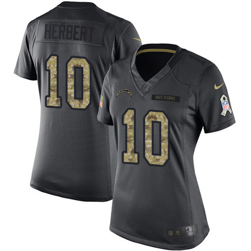 Chargers #10 Justin Herbert Black Women's Stitched Limited 2016 Salute To Service Jersey