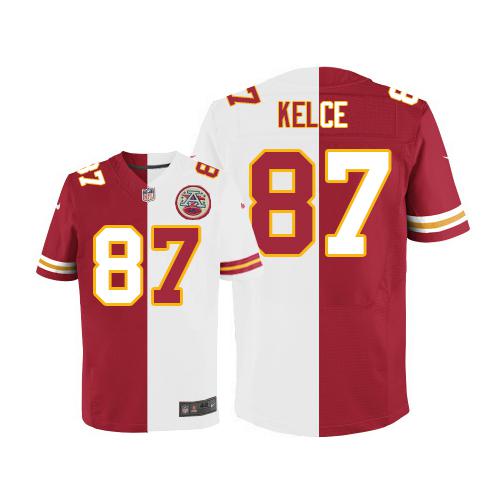 Chiefs #87 Travis Kelce Red/White Men's Stitched Elite Split Jersey