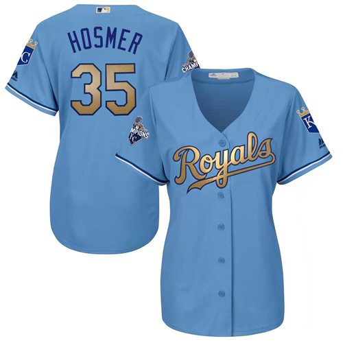 Kansas City Royals #35 Eric Hosmer Light Blue Women's 2015 World Series Champions Gold Program Cool Base Stitched Jersey Womens