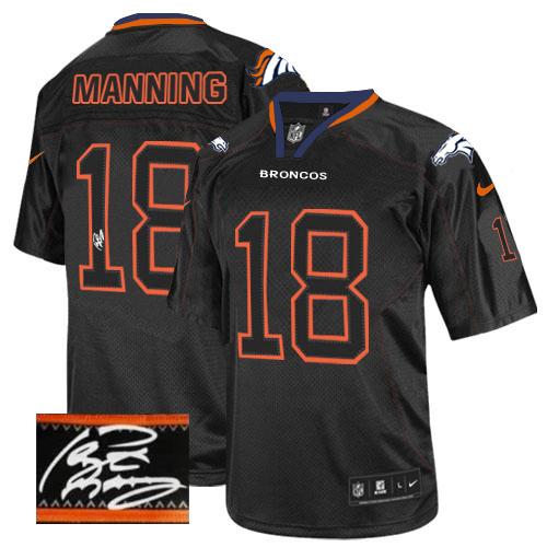 Broncos #18 Peyton Manning Lights Out Black Men's Stitched Elite Autographed Jersey
