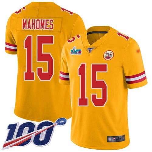 Chiefs #15 Patrick Mahomes Gold Super Bowl LVII Patch Youth Stitched Limited Inverted Legend 100th Season Jersey
