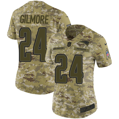 New England Patriots #24 Stephon Gilmore Camo Women's Stitched Limited 2018 Salute to Service Jersey Womens