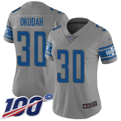 Detroit Lions #30 Jeff Okudah Gray Women's Stitched Limited Inverted Legend 100th Season Jersey Womens