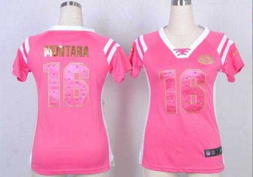 49ers #16 Joe Montana Pink Women's Stitched Elite Draft Him Shimmer Jersey