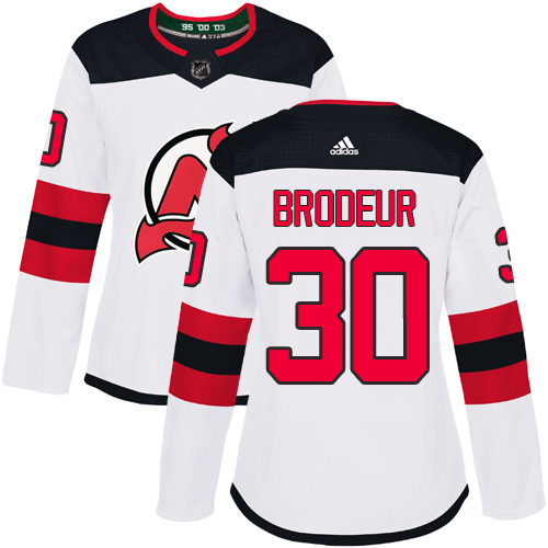 Adidas New Jersey Devils #30 Martin Brodeur White Road Authentic Women's Stitched Jersey Womens