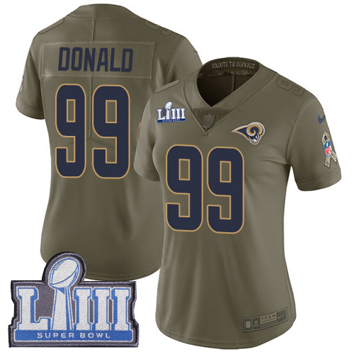 Rams #99 Aaron Donald Olive Super Bowl LIII Bound Women's Stitched Limited 2017 Salute To Service Jersey