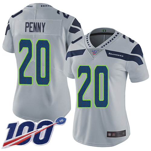 Seattle Seahawks #20 Rashaad Penny Grey Alternate Women's Stitched 100th Season Vapor Limited Jersey Womens