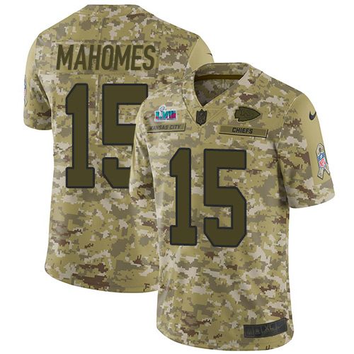 Chiefs #15 Patrick Mahomes Camo Super Bowl LVII Patch Youth Stitched Limited 2018 Salute To Service Jersey