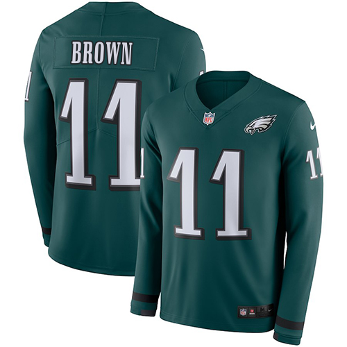 Eagles #11 A.J. Brown Green Team Color Youth Stitched Limited Therma Long Sleeve Jersey
