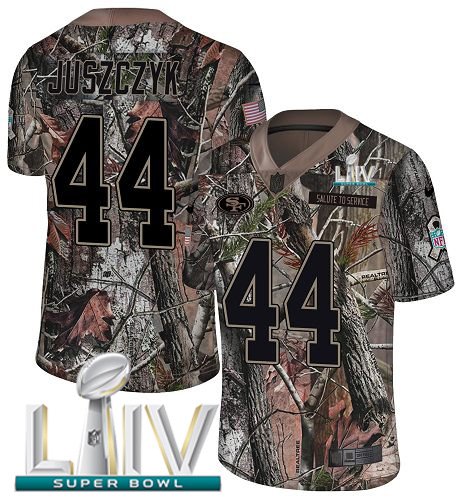 49ers #44 Kyle Juszczyk Camo Super Bowl LIV 2020 Men's Stitched Limited Rush Realtree Jersey
