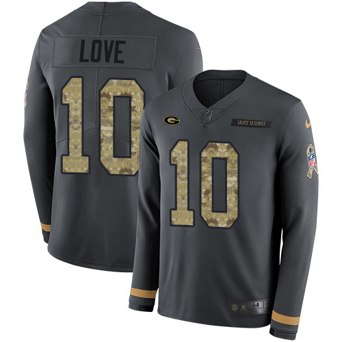 Packers #10 Jordan Love Anthracite Salute To Service Youth Stitched Limited Therma Long Sleeve Jersey