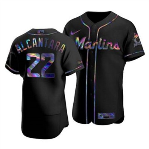 Miami Miami Marlins #22 Sandy Alcantara Men's Iridescent Holographic Collection Jersey - Black Men's