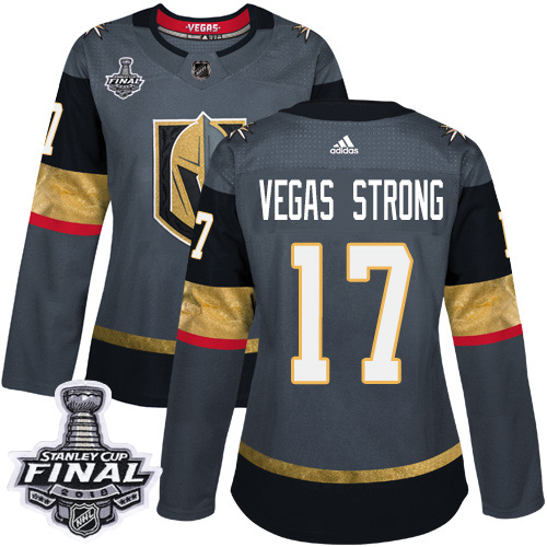 Adidas Golden Vegas Golden Knights #17 Vegas Strong Grey Home Authentic 2018 Stanley Cup Final Women's Stitched Jersey Womens