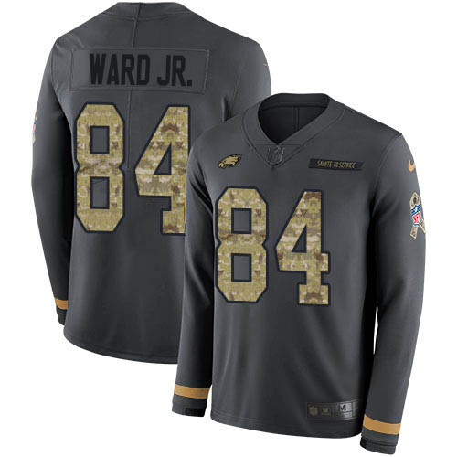 Philadelphia Eagles #84 Greg Ward Jr. Anthracite Salute to Service Men's Stitched Limited Therma Long Sleeve Jersey Men's