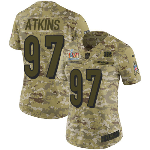 Cincinnati Bengals #97 Geno Atkins Camo Super Bowl LVI Patch Women's Stitched Limited 2018 Salute To Service Jersey Womens