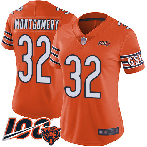 Chicago Bears #32 David Montgomery Orange Women's Stitched Limited Rush 100th Season Jersey Womens