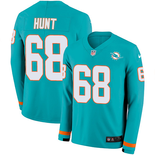 Miami Dolphins #68 Robert Hunt Aqua Green Team Color Youth Stitched Limited Therma Long Sleeve Jersey Youth