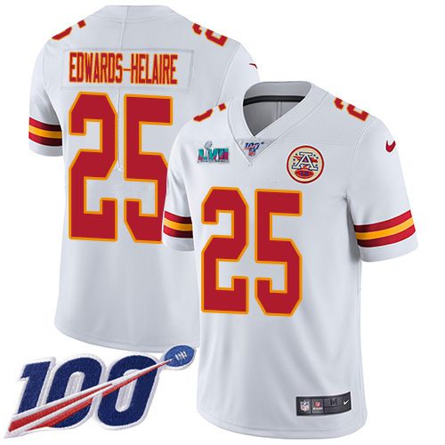 Chiefs #25 Clyde Edwards-Helaire White Super Bowl LVII Patch Youth Stitched 100th Season Vapor Limited Jersey