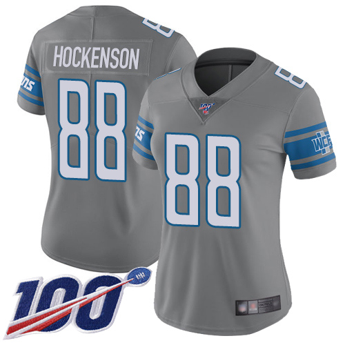 Detroit Lions #88 T.J. Hockenson Gray Women's Stitched Limited Rush 100th Season Jersey Womens