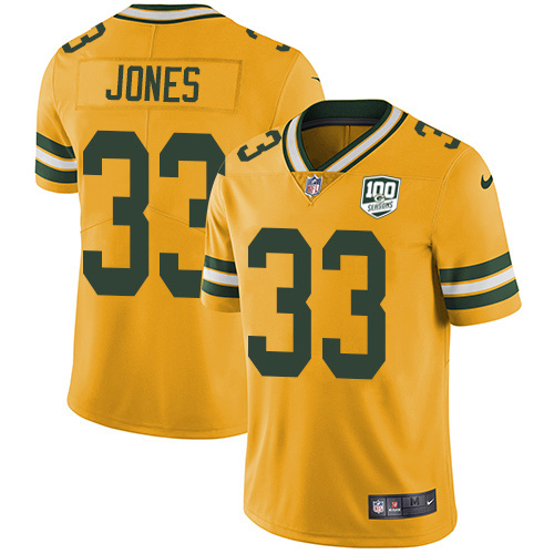 Packers #33 Aaron Jones Yellow Men's 100th Season Stitched Limited Rush Jersey