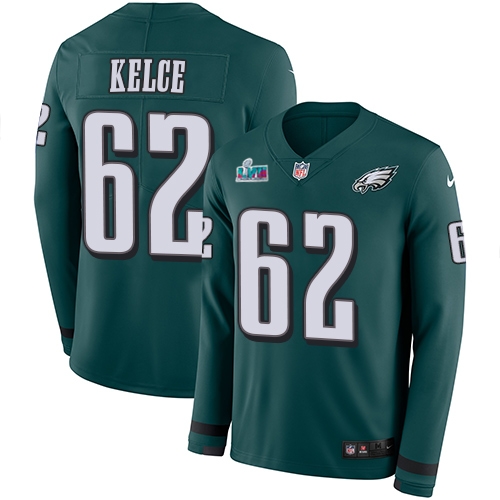Eagles #62 Jason Kelce Green Super Bowl LVII Patch Team Color Youth Stitched Limited Therma Long Sleeve Jersey