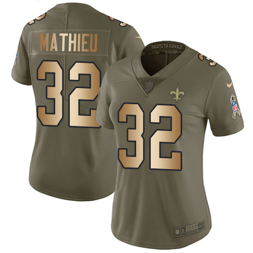 Saints #32 Tyrann Mathieu Olive/Gold Women's Stitched Limited 2017 Salute To Service Jersey