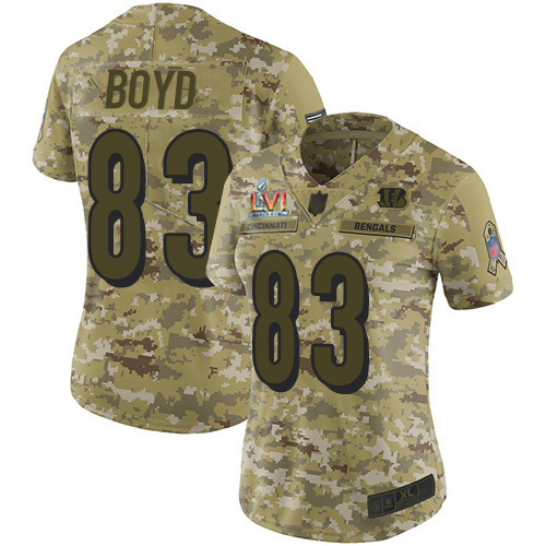 Bengals #83 Tyler Boyd Camo Super Bowl LVI Patch Women's Stitched Limited 2018 Salute To Service Jersey