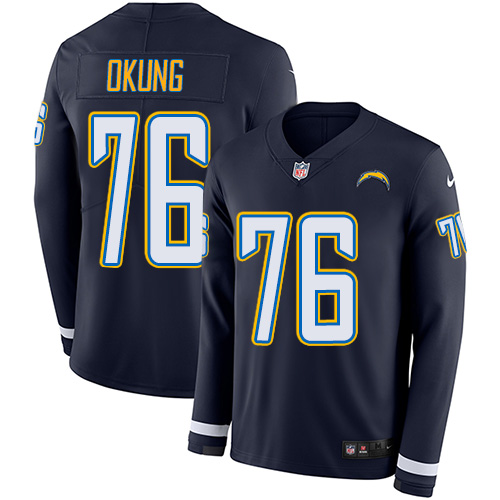 Los Angeles Chargers #76 Russell Okung Navy Blue Team Color Men's Stitched Limited Therma Long Sleeve Jersey Men's