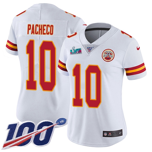 Chiefs #10 Isiah Pacheco White Super Bowl LVII Patch Women's Stitched 100th Season Vapor Limited Jersey