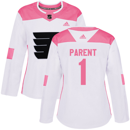 Adidas Philadelphia Flyers #1 Bernie Parent White/Pink Authentic Fashion Women's Stitched Jersey Womens