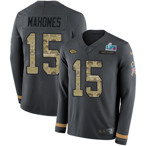 Chiefs #15 Patrick Mahomes Anthracite Super Bowl LVII Patch Salute To Service Men's Stitched Limited Therma Long Sleeve Jersey
